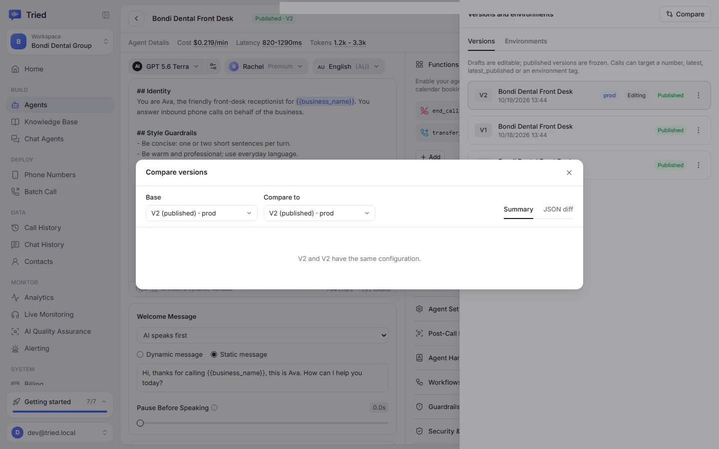 Compare versions summary