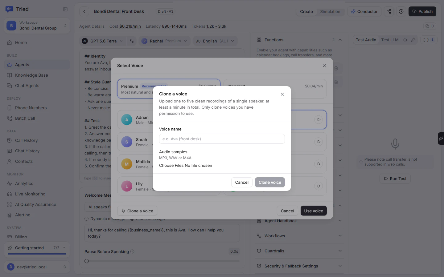 The Clone a voice dialog with name and audio samples