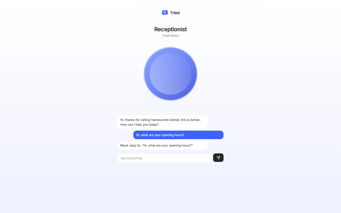 The Voice Orb page answering by text in mock mode