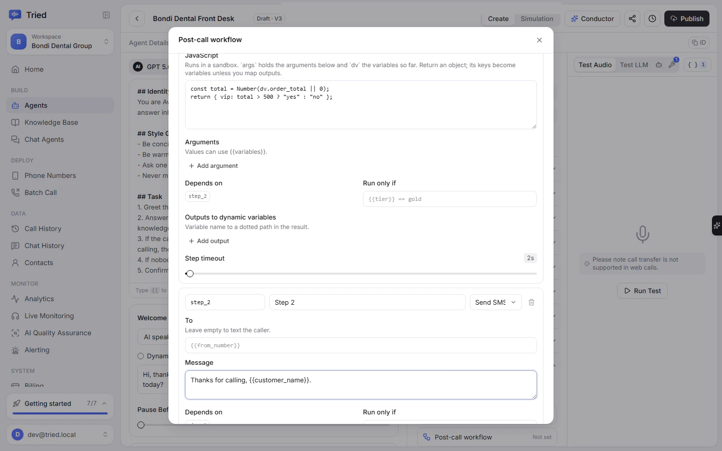Run code and Send SMS steps