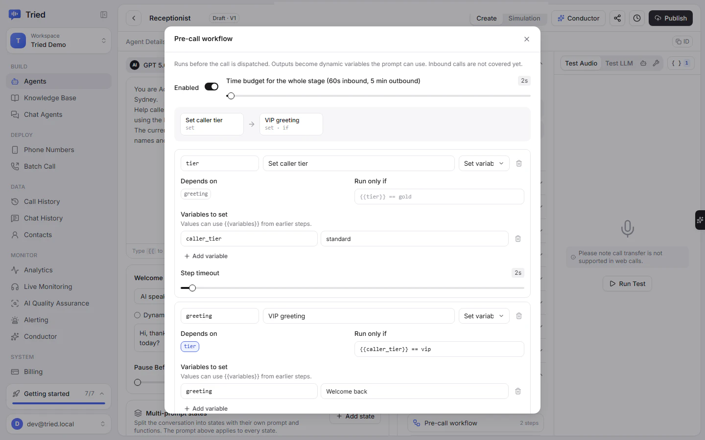 Pre-call workflow editor with steps, dependencies and outputs